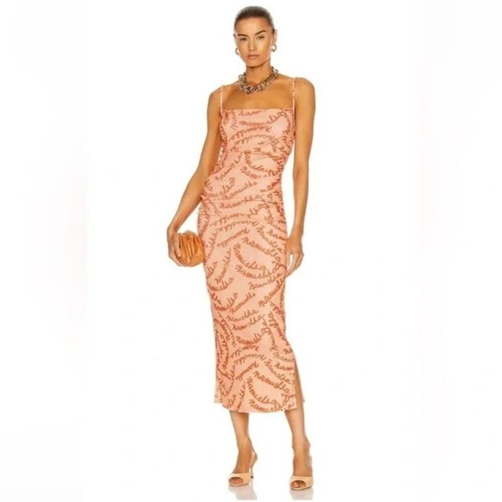Nanushka Alexa Maxi Dress Orange Peach Logo Print Large Cinched Ruched Bodycon